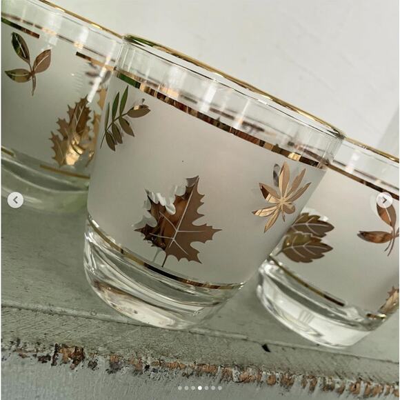 Vintage Drinking Glass Low Ball Frosted Gold MCM Barware Leaf Libbey Set 3 - Picture 3 of 7